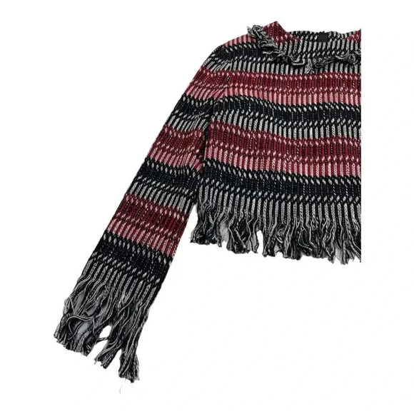 NICHOLAS Fringe Tweed Red Black Stripe Cotton Wool Woven Zip Top - Picture 5 of 15